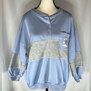 Gitano Blue Grey Colorblock Henley Crest Pocket Women’s Vintage Sweatshirt XL